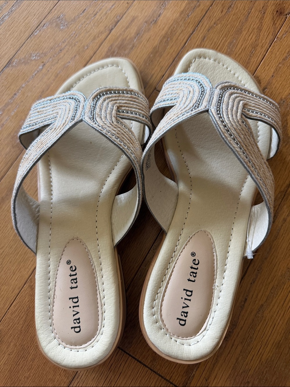 David Tate Neutral Beige Embroidered Slide Sandals